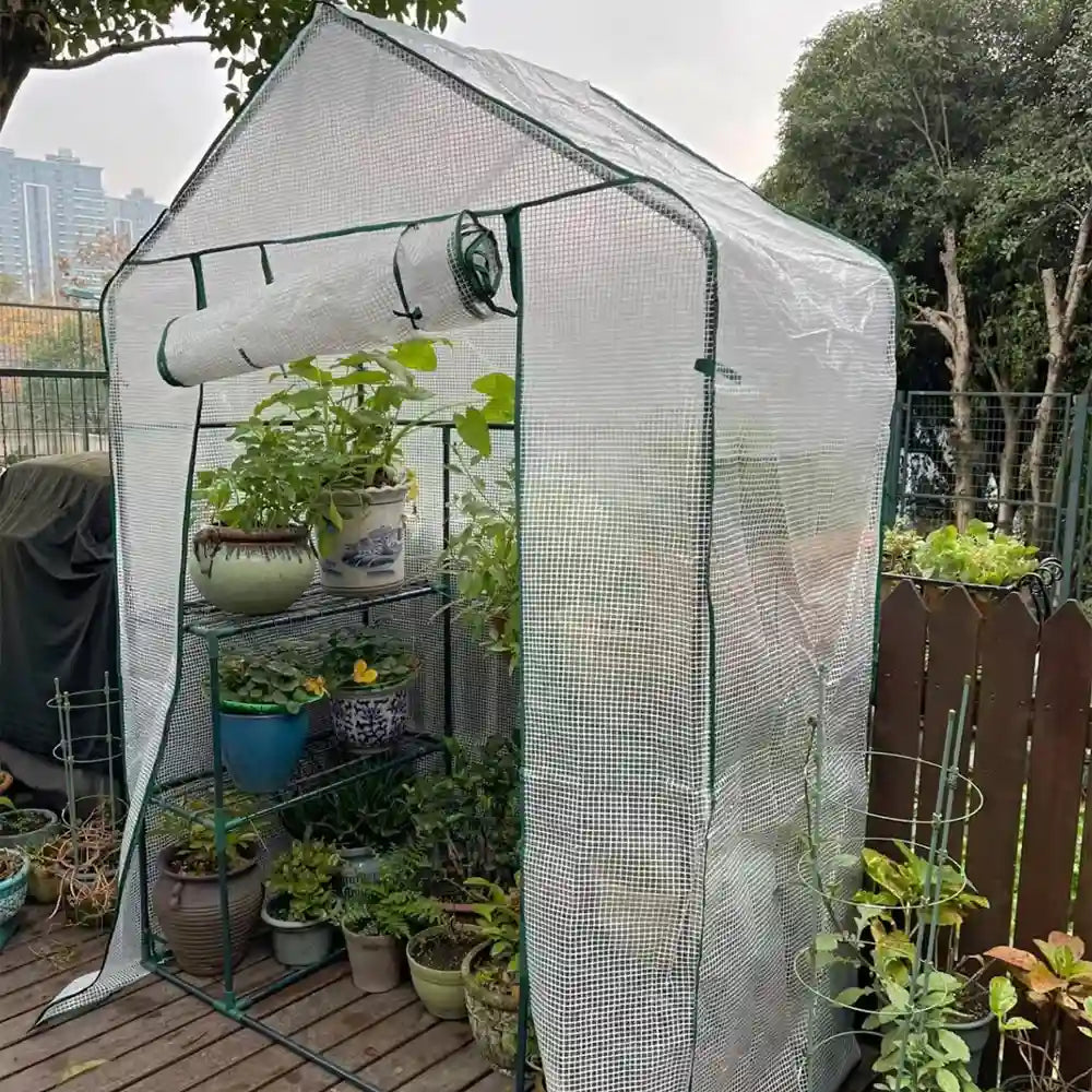 Outdoor Portable Gardening Greenhouse 2 Tier 4 Shelf Steeple with PE White Cover,GreenHouse